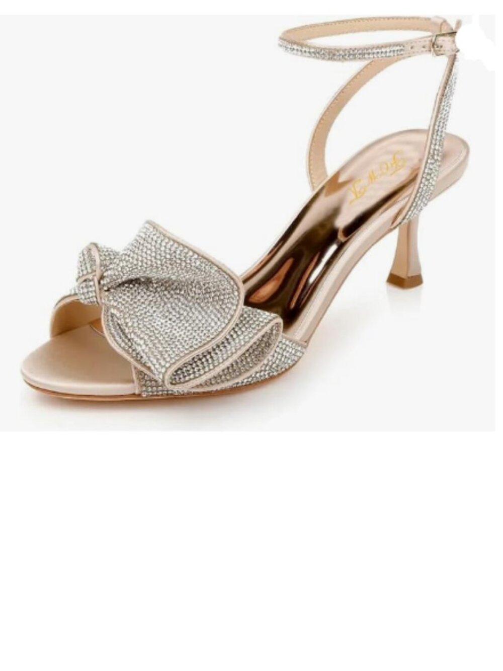 FOWT Champaign Gold Rhinestones Bow Sandals Mid Heel Open Toe Ankle Strap Shoes